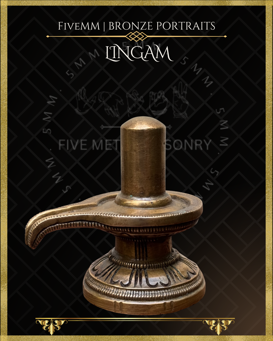 Panchaloha Bronze Lingam sculpture with 'Five Metal Masonry' branding on a black background
