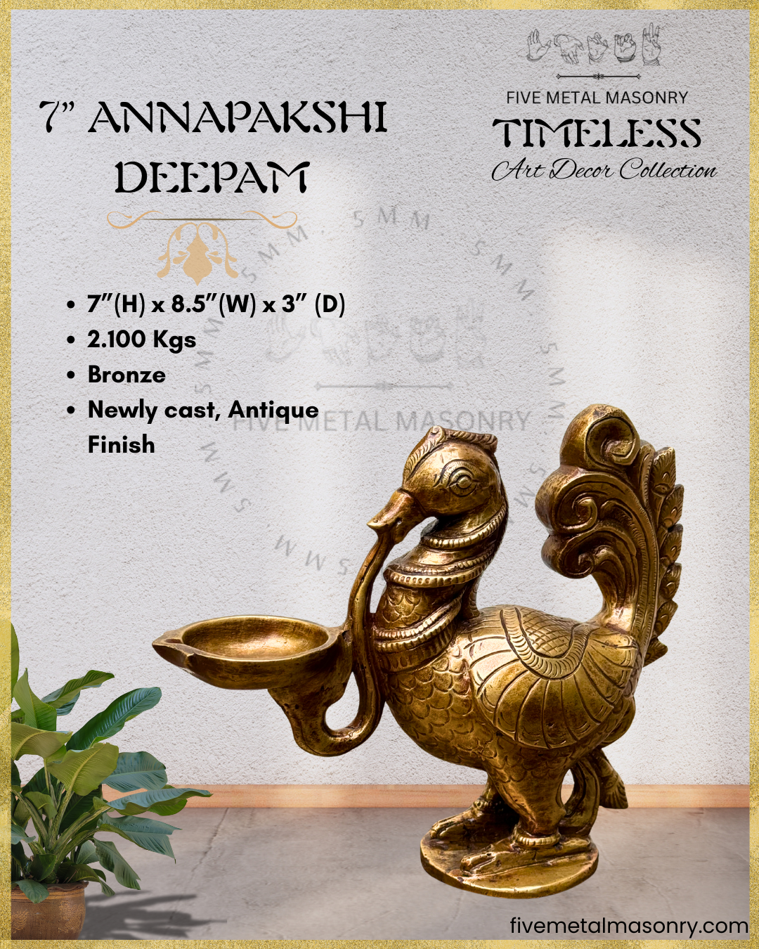 Hamsa Deepam Panchaloha bronze statue – Shilpa Sastra iconography, handcrafted lost wax casting – Dimensions view