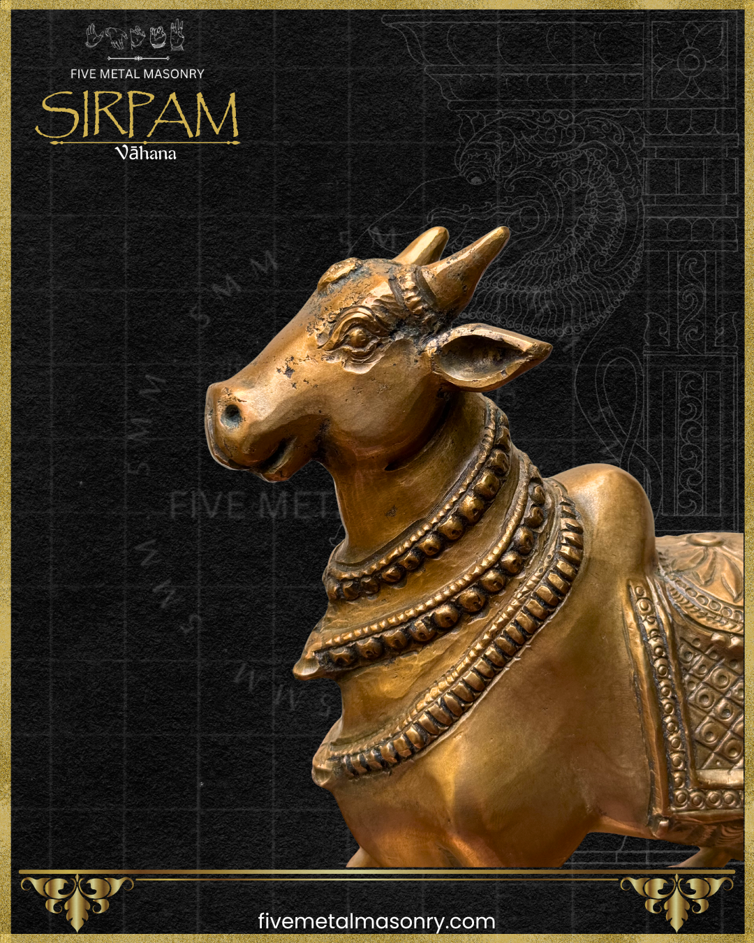 Close-up of the head and forequarters of a handcrafted panchaloha bronze Vrsabha (Nandi) statue from the Sirpam Collection, highlighting the expressive face, sculpted horns, alert ears, layered beaded neck ornaments, and finely modelled anatomy in the South Indian sculptural tradition.