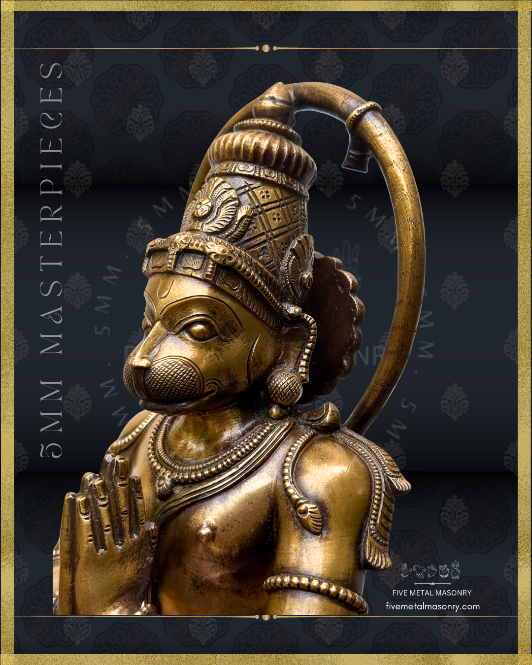 Bronze statue of Hanuman with intricate details on a dark background