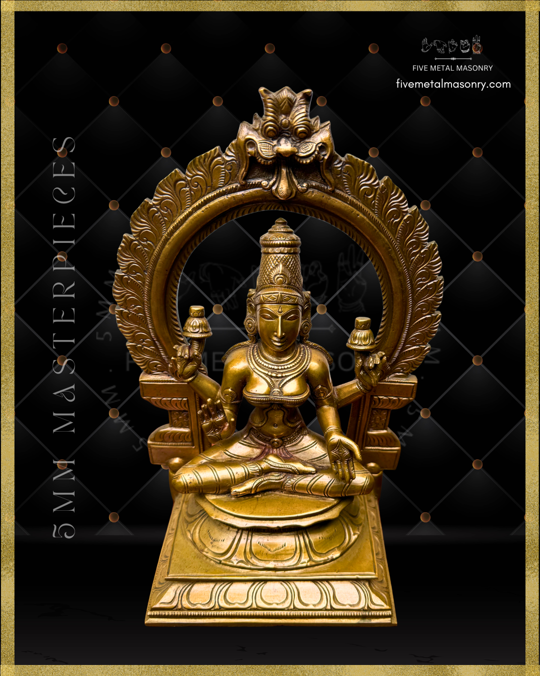 Top angle view of handcrafted Panchaloha bronze Lakshmi statue from the Five Metal Masonry Masterpieces collection, crafted according to Shilpasastra principles, featuring traditional South Indian iconography with four arms, lotus attributes, abhaya and varada hastas, and finely detailed ornaments.