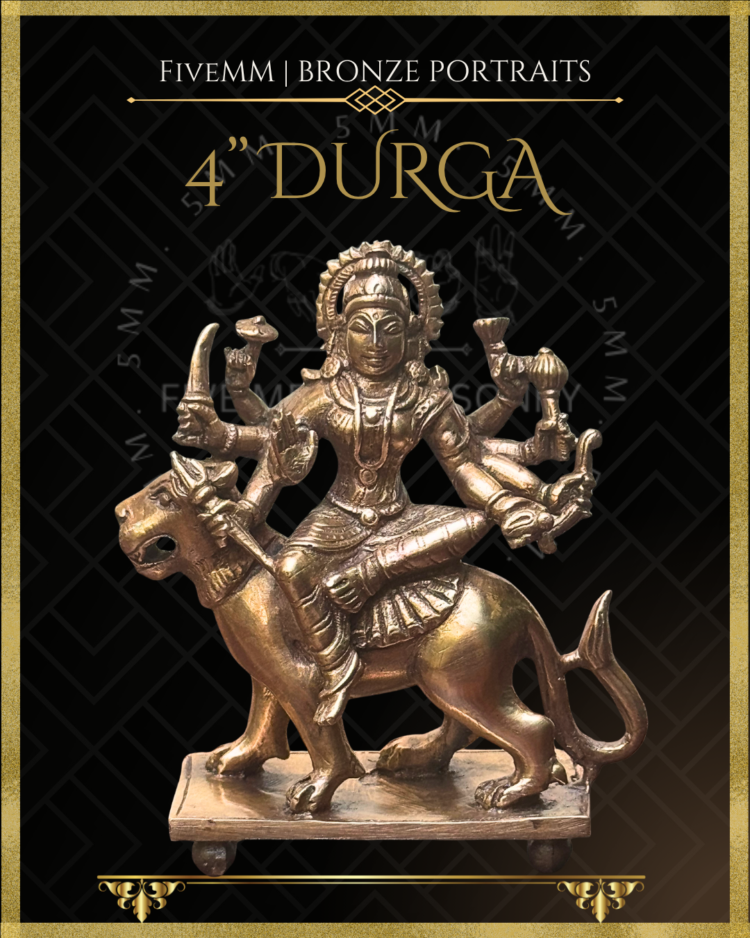 Handcrafted Durga Panchaloha bronze seated in lalitasana on her simha vahana, eight-armed with cakra, khadga, sula, padma, gada, dhanus and sankha, with abhaya mudra, crafted in the South Indian silpa-sastra and traditional iconographic tradition.