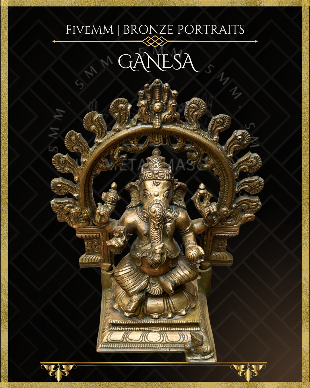 Bronze statue of Ganesha with decorative arch on a black background, featuring 5MM branding.