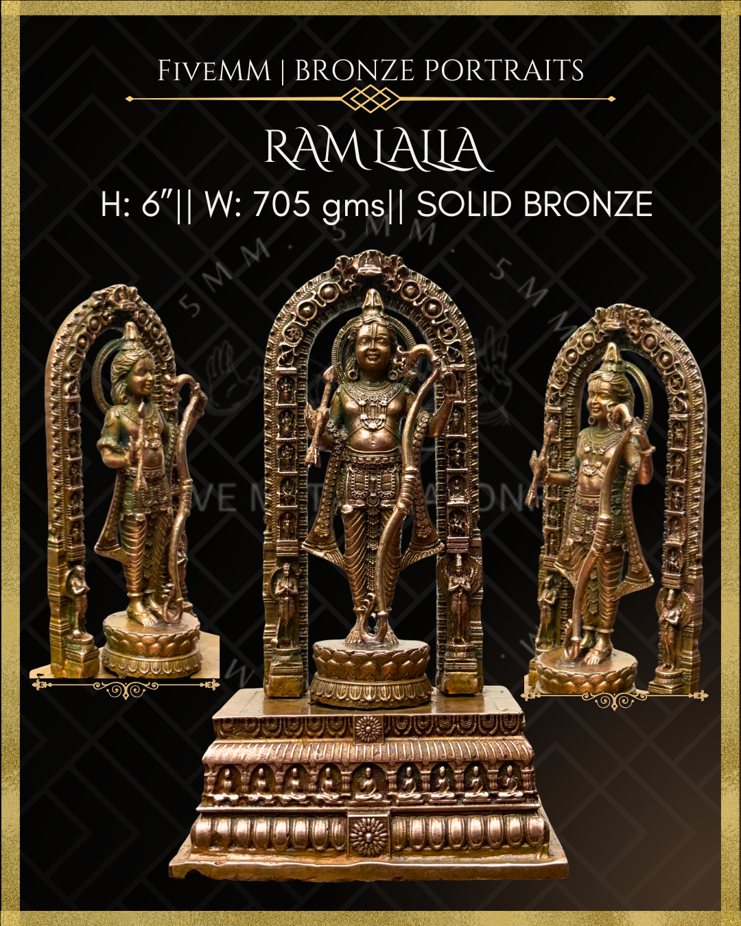 Product dimensions of of a handcrafted Panchaloha bronze icon of Ram lalla standing beneath an ornate prabhavali, holding a bow and arrow. 