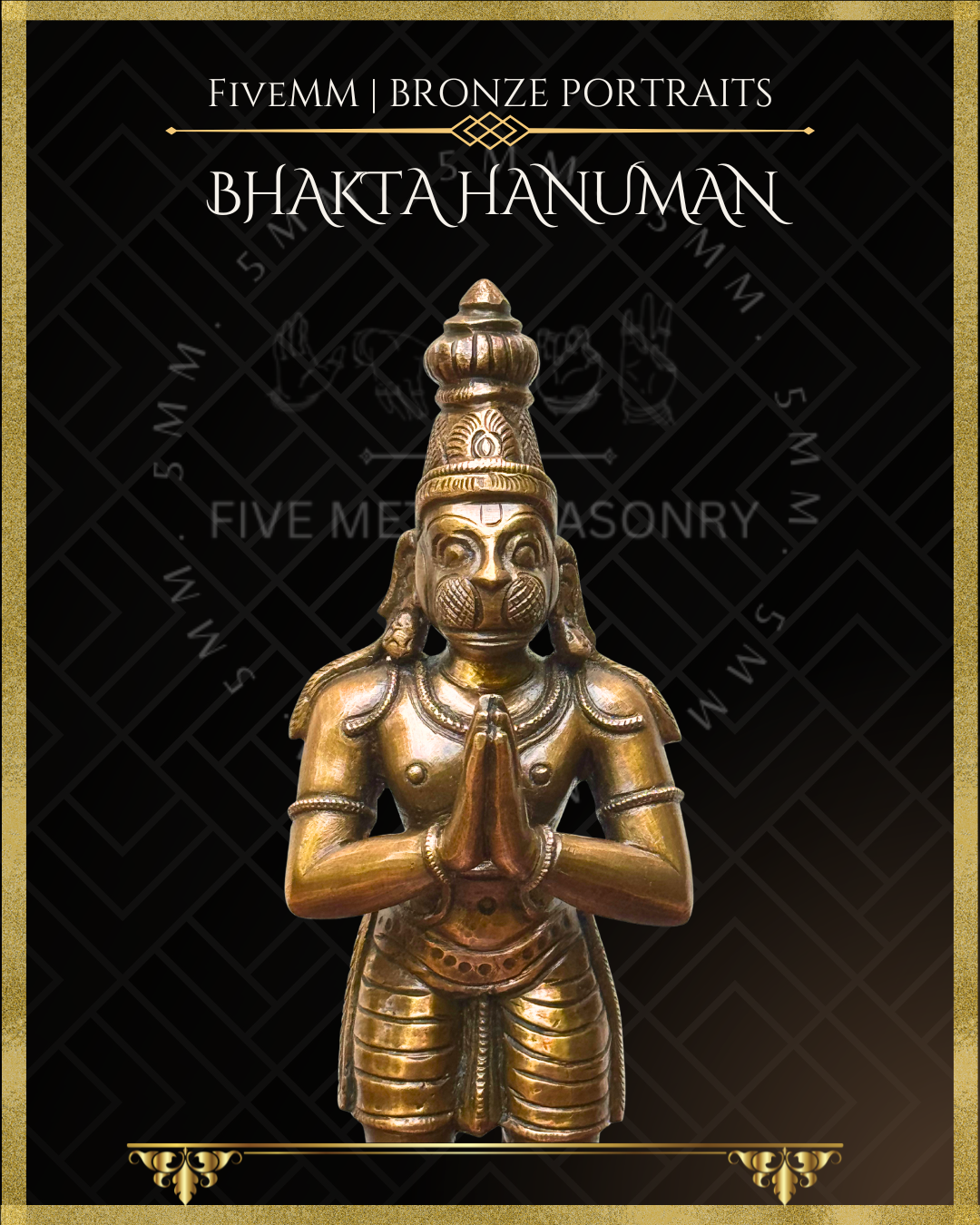 Front close-up view of handcrafted Bhakta Hanuman Panchaloha bronze statue in anjali hasta, showing simian facial features, tall head ornament, chest ornaments and traditional South Indian silpa-sastra iconographic detailing.