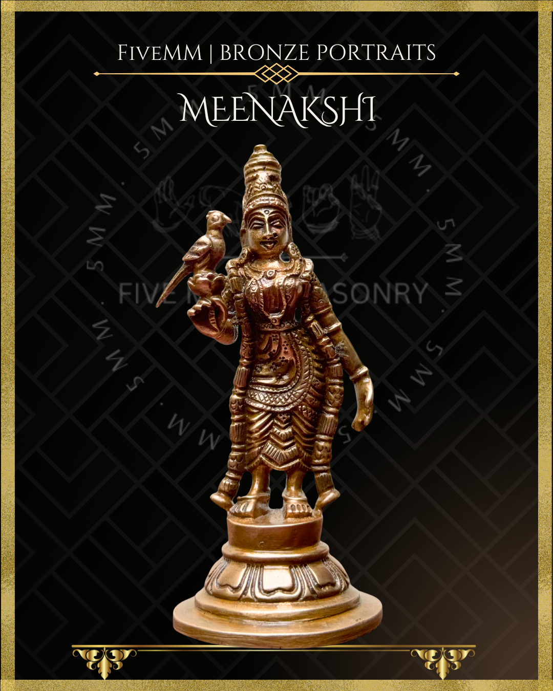 Panchaloha Bronze statue of Parvati as Meenakshi with a bird on a black background with 'Fivemm' branding.
