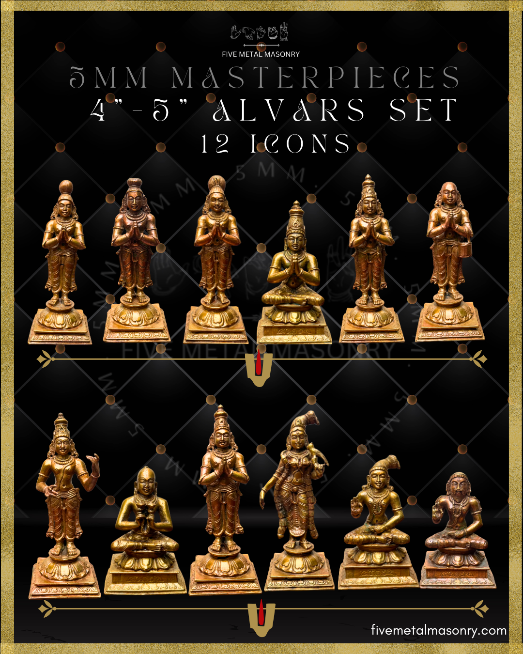 Set of 12 Alvars panchaloha bronze icons from the 5MM Masterpieces collection, featuring seated and standing Vaishnava saint figures with detailed ornamentation, devotional postures, and traditional pedestal designs.