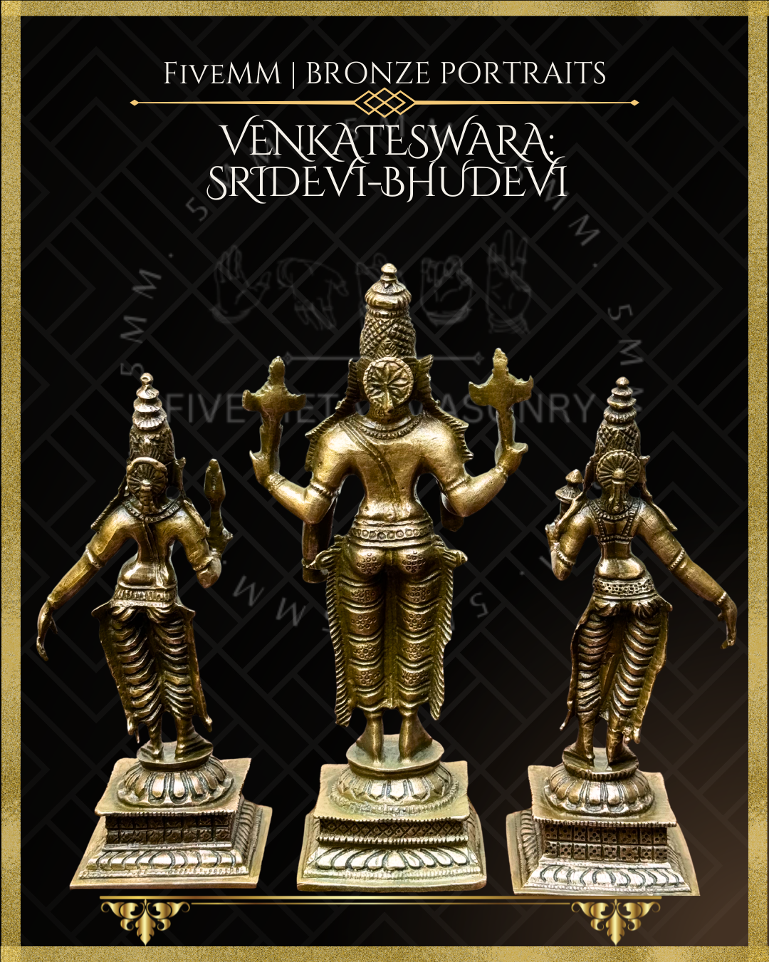Bronze statues of Venkateswara, Sridevi, and Bhudevi on a black background .
