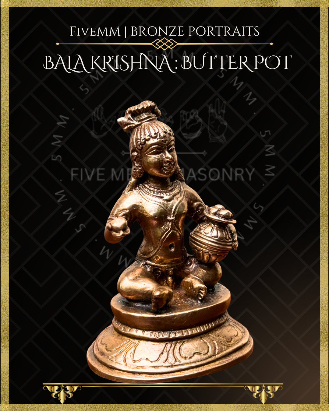Left profile view of Handcrafted Panchaloha bronze of Bala Krishna seated on a lotus pedestal, holding a ball of butter and a decorated butter pot, crafted according to traditional Shilpasastra iconography.