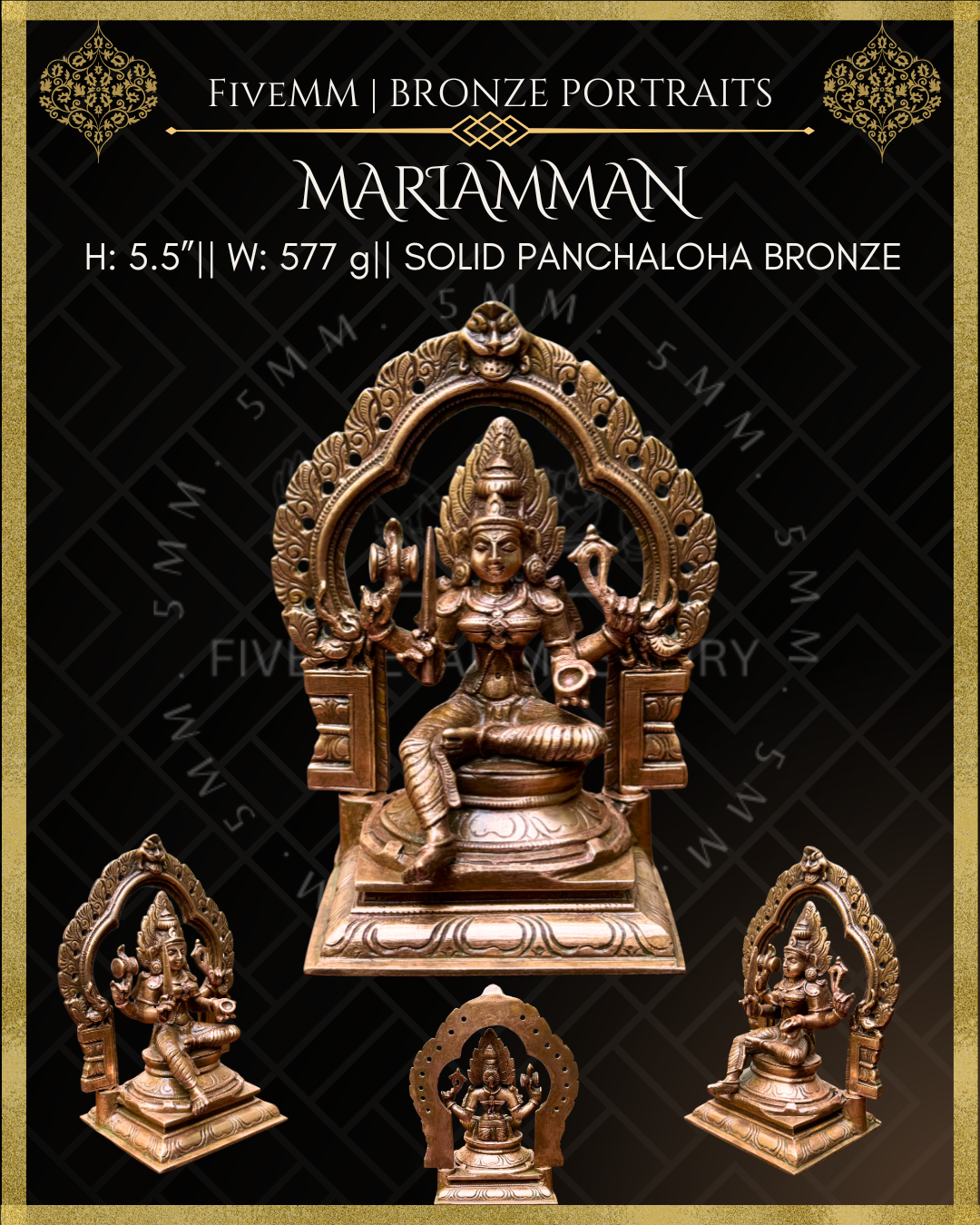 Mariamman Panchaloha Bronze statue – Shilpa Sastra iconography, handcrafted lost wax casting – All angles view