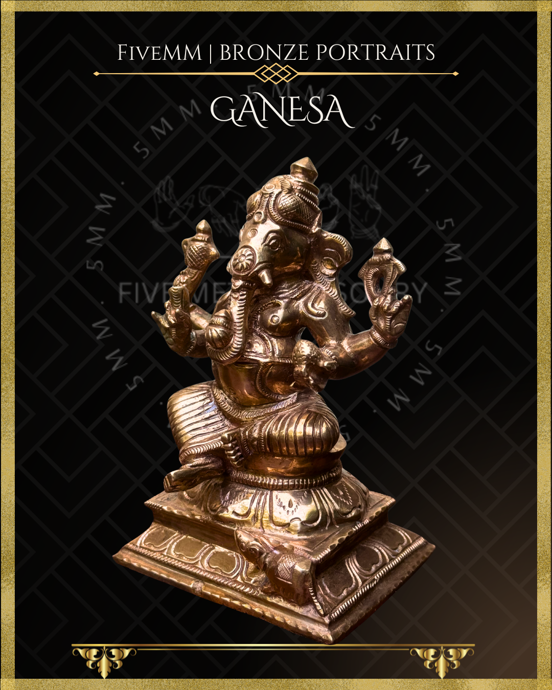 Left profile view of handcrafted Panchaloha bronze Ganesha, silpa-sastra aligned and rooted in the South Indian iconographic tradition, four-armed and seated in lalitasana, holding ankusa, pasa, danta and modaka, with musika at the pedestal.