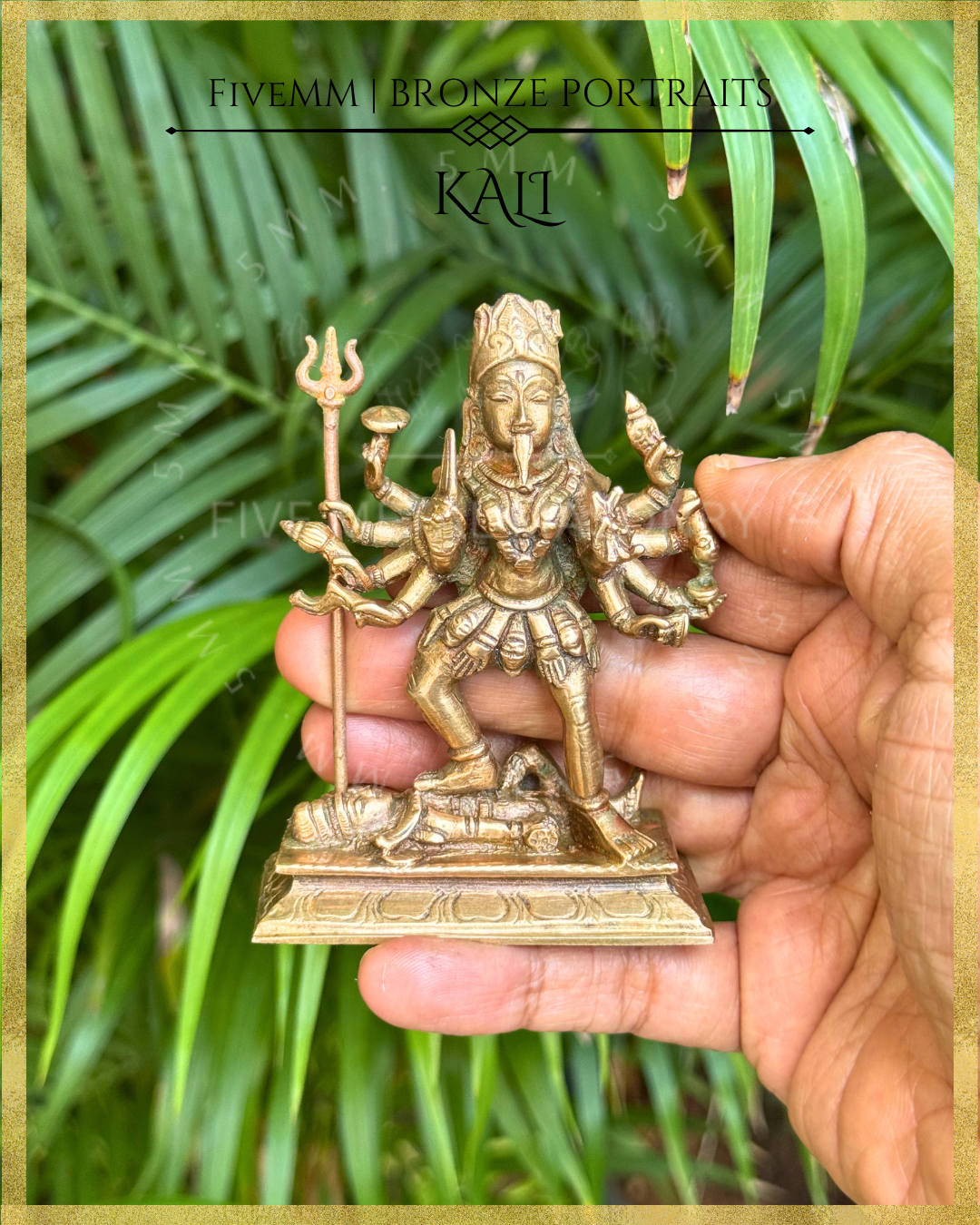 Hand-held view of Handcrafted Kali Panchaloha bronze statue in pratyalidha stance over prostrate Shiva, with ten arms holding traditional ayudhas, fierce expression, extended tongue, mundamala and detailed ornamentation, crafted in the silpa-sastra and traditional iconographic tradition.