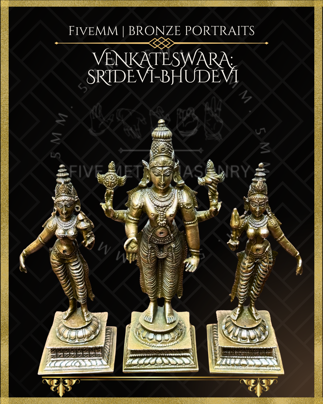 Bronze statues of Venkateswara, Sridevi, and Bhudevi on a black background