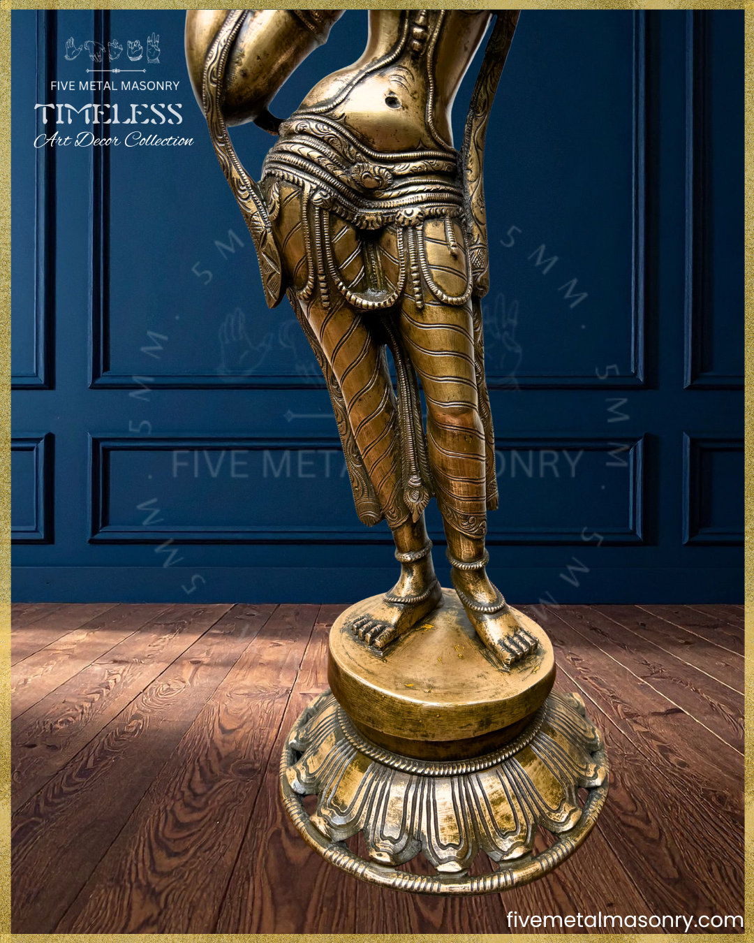 Lower body closeup view of panchaloha bronze Apsara icon from the Timeless collection in a graceful tribhanga stance, with detailed jewellery, patterned drapery, lotus pedestal and refined sculptural detailing rooted in South Indian iconographic tradition.