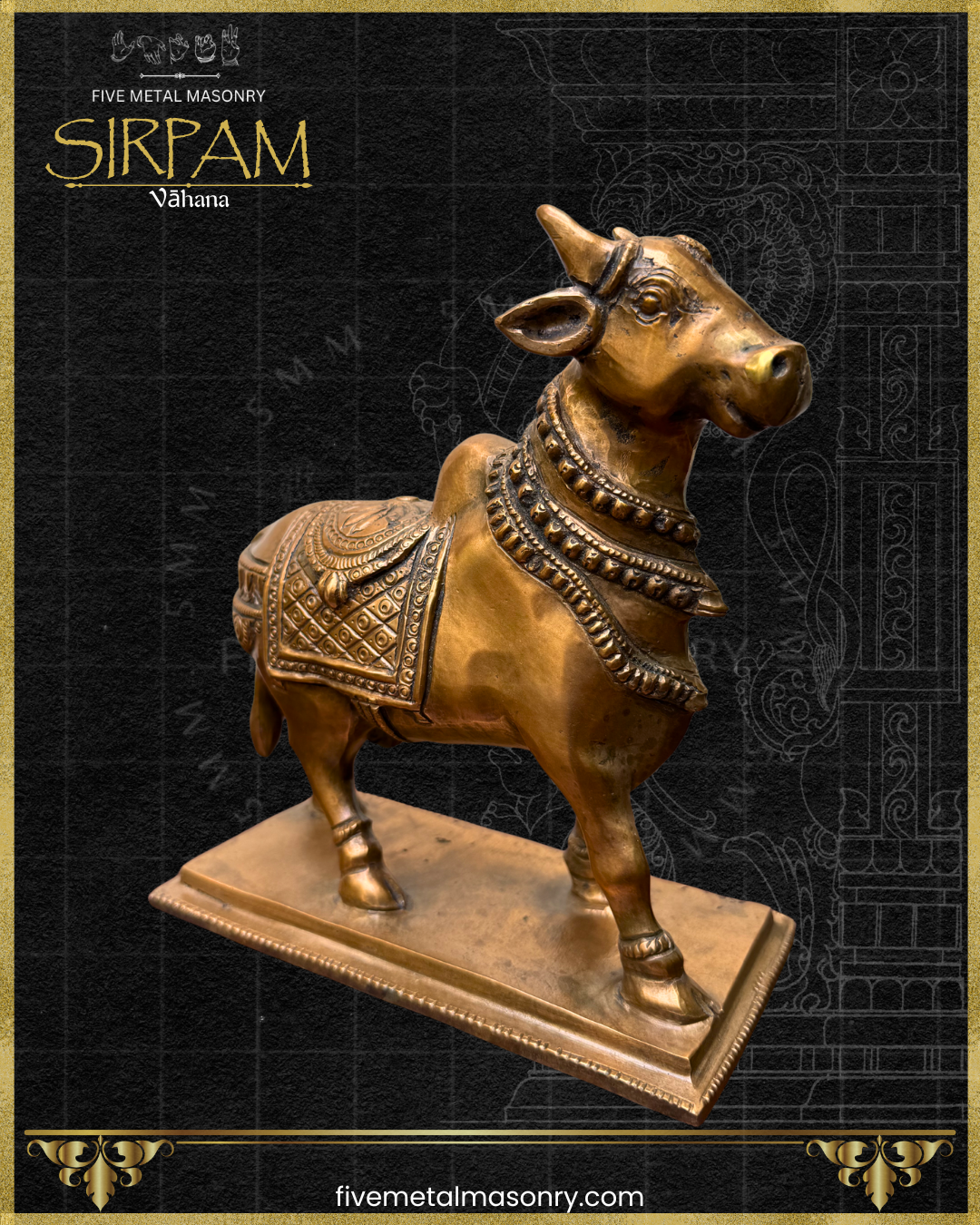 Front three-quarter view of a handcrafted panchaloha bronze Vrsabha (Nandi) statue from the Sirpam Collection, featuring expressive facial modelling, layered neck ornaments, an ornate ceremonial saddle cloth with geometric motifs, and a rectangular pedestal in the South Indian sculptural tradition.