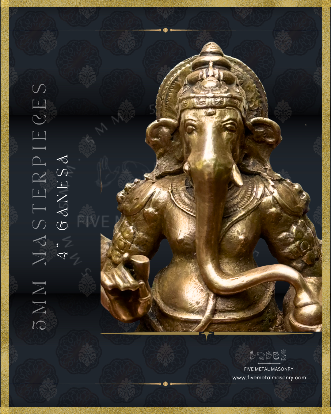 Close-up view of panchaloha bronze seated Ganesha icon from the Masterpieces collection showing elephant face, elongated curved trunk, single tusk, karanda makuta and chest ornamentation in South Indian bronze style.