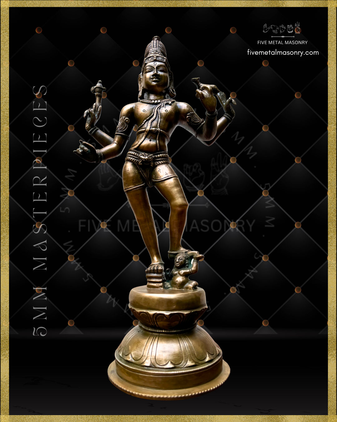 Projected view of Vinadhara Shiva handcrafted Panchaloha bronze sculpture with jata makuta, four-armed form holding parashu and mrga, lower hands posed to bear vina, standing with one foot upon Apasmara, from the Masterpieces collection inspired by South Indian Chola iconographic traditions.