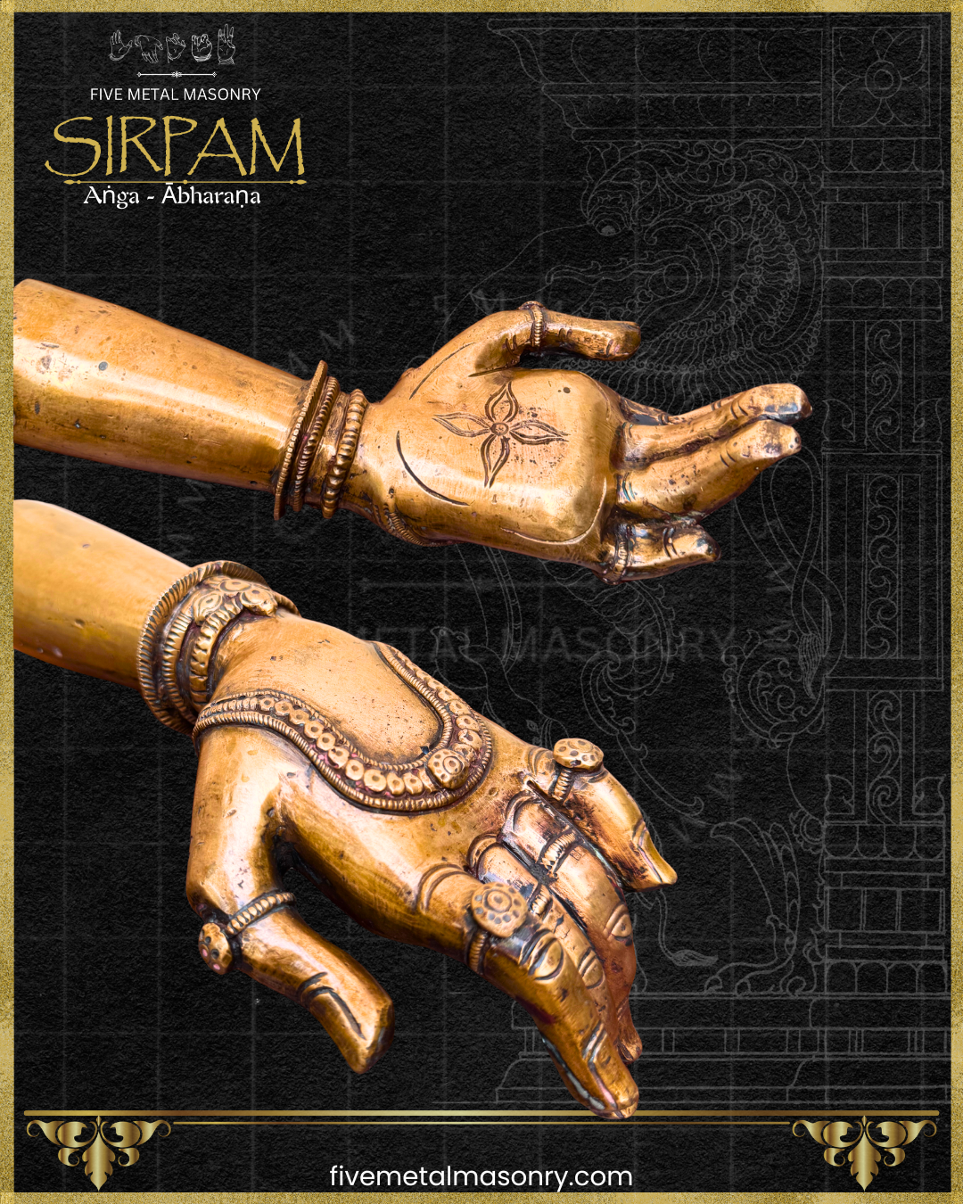 Decorative bronze hand sculpture with intricate jewellery details on a black background, from Five Metal Masonry’s Sirpam collection