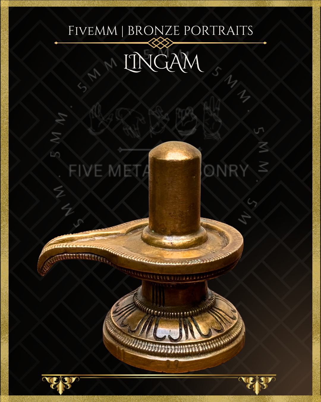Panchaloha Bronze Lingam sculpture with 'Five Metal Masonry' branding on a black background