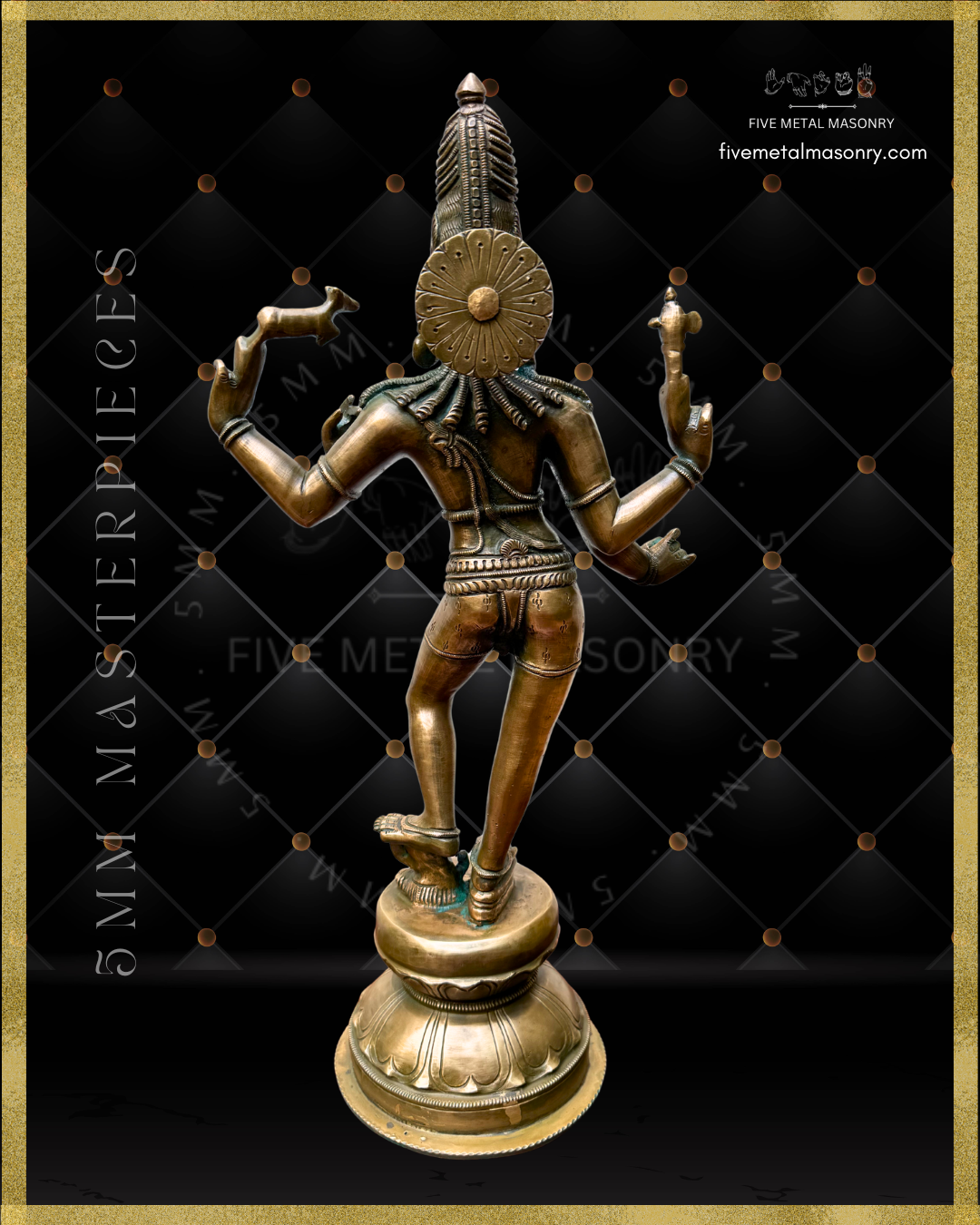 Rear view of Vinadhara Shiva handcrafted Panchaloha bronze sculpture with jata makuta, sirascakra, flowing jata locks, yajnopavita and ornate waist ornaments, standing with one foot upon Apasmara, from the Masterpieces collection inspired by South Indian Chola iconographic traditions.