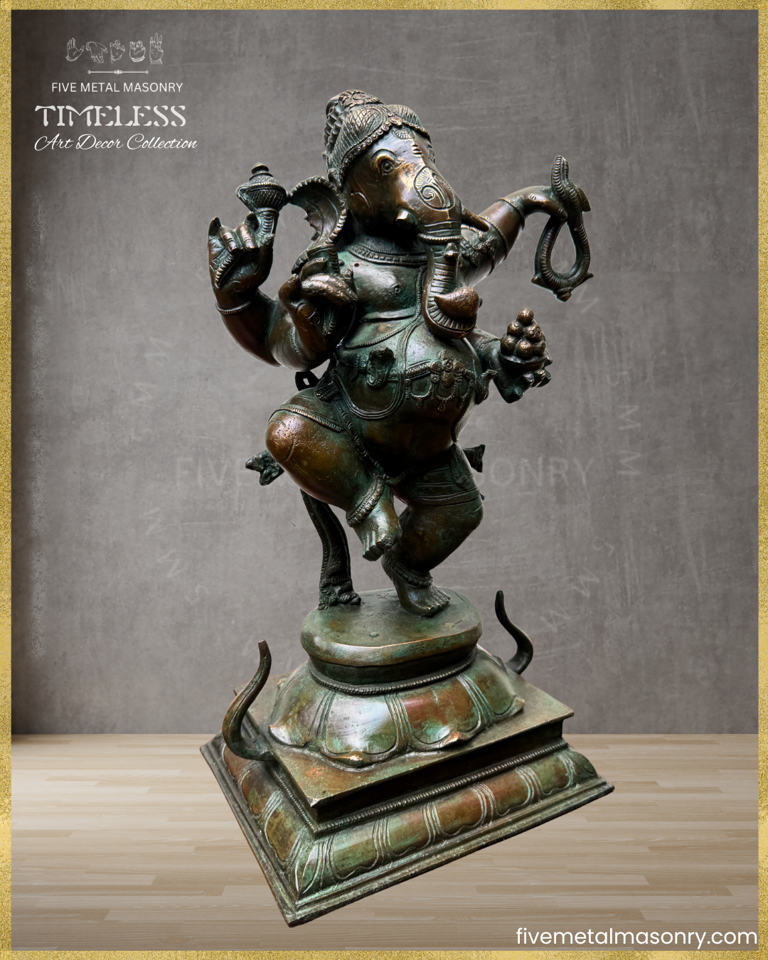 Right profile view of handcrafted Panchaloha bronze Nṛtta Dancing Ganesha statue from the TIMELESS Collection, depicted in a dynamic dancing posture with four arms, karanda makuta, lotus pedestal, and antique patina finish.