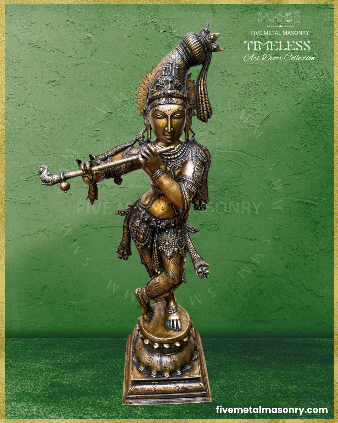 Top angle view of Handcrafted Panchaloha bronze Venugopala Krishna from Five Metal Masonry’s Timeless Collection, standing in svastikasana and playing the venu, with an elongated kesa-bandha decorated with floral motifs, peacock feathers and tassels, detailed ornaments and Silpasastra-inspired iconography.