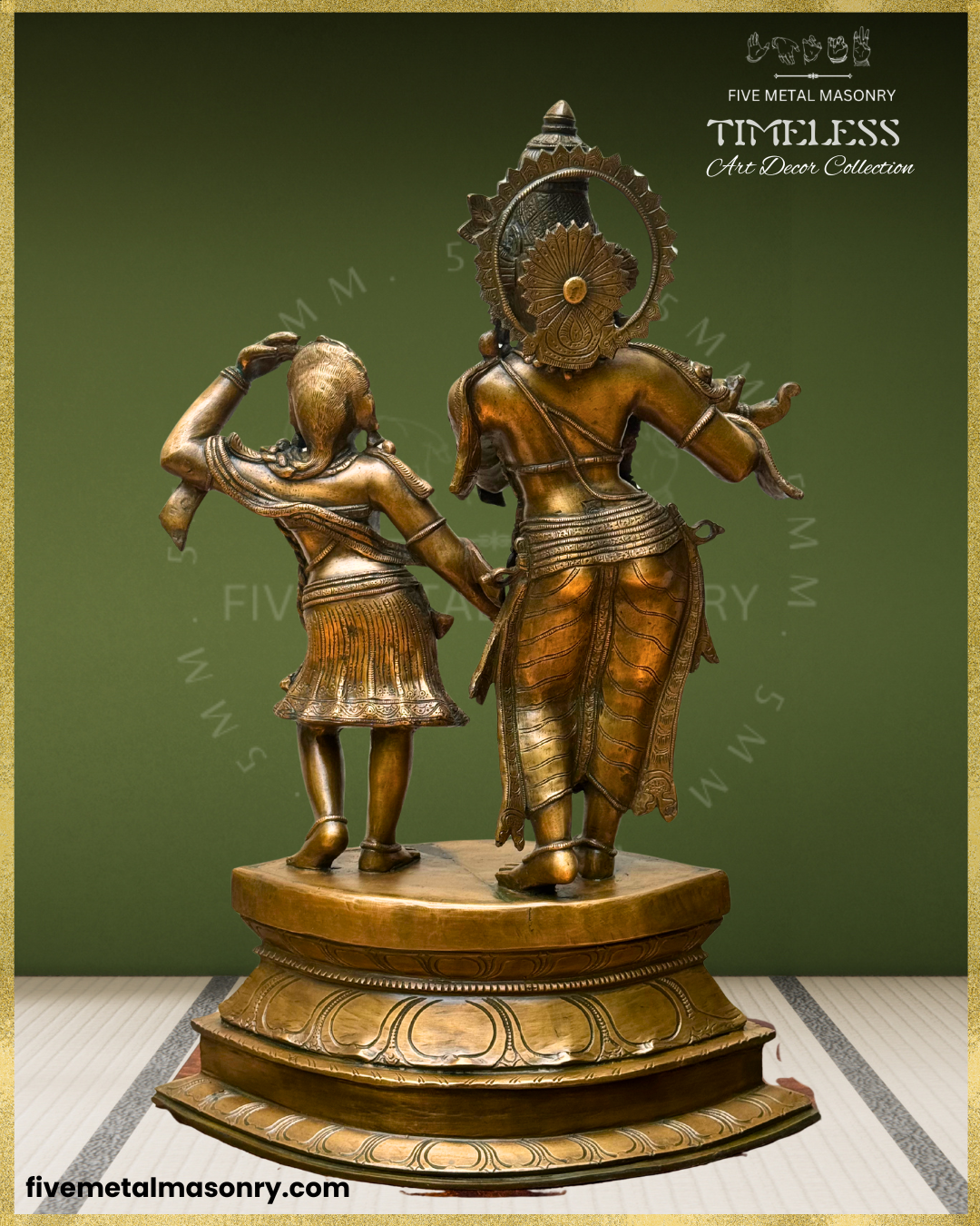 Rear view of handcrafted Panchaloha bronze Radha Krishna sculpture from the Timeless Collection, showing Krishna’s elaborate headdress and śiras-cakra, detailed garments, waist ornaments and Radha’s coiffure and drapery.