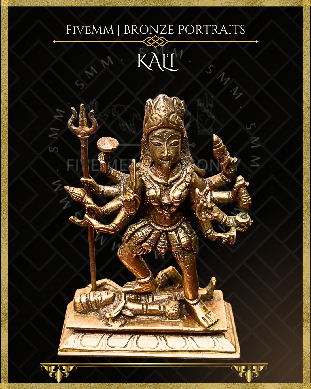 Top angle view of Handcrafted Kali Panchaloha bronze statue in pratyalidha stance over prostrate Shiva, with ten arms holding traditional ayudhas, fierce expression, extended tongue, mundamala and detailed ornamentation, crafted in the silpa-sastra and traditional iconographic tradition.
