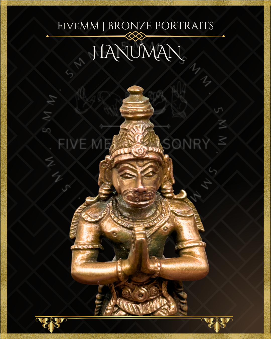 Hanuman -Standing  with Anjali mudra- Panchaloha Bronze statue – per Shilpa Sastra iconography, handcrafted by lost wax casting – Close up view