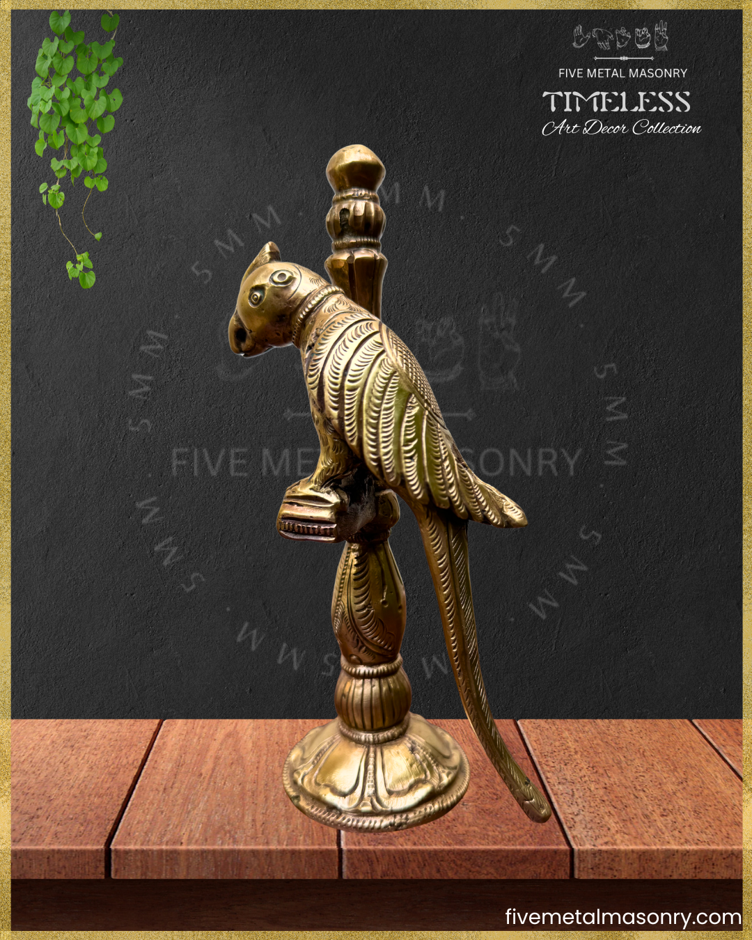 Bronze parrot perched on a pillar sculpture with a dark background