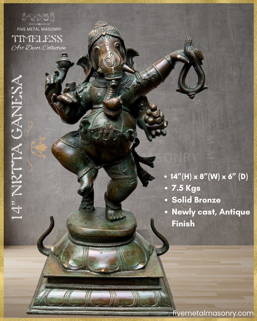 Icon dimensions of handcrafted Panchaloha bronze Nṛtta Dancing Ganesha statue from the TIMELESS Collection