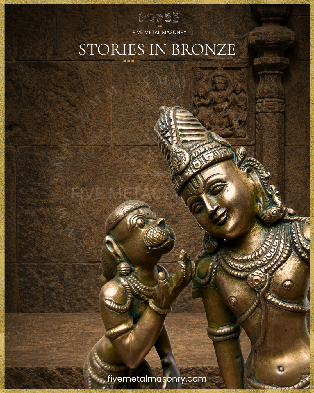 Close-up view of panchaloha bronze sculpture of Hanuman conveying Sita Sandesa to Rama, showing expressive facial detailing, jata makuta, ornamentation and South Indian bronze craftsmanship from the Stories in Bronze collection.