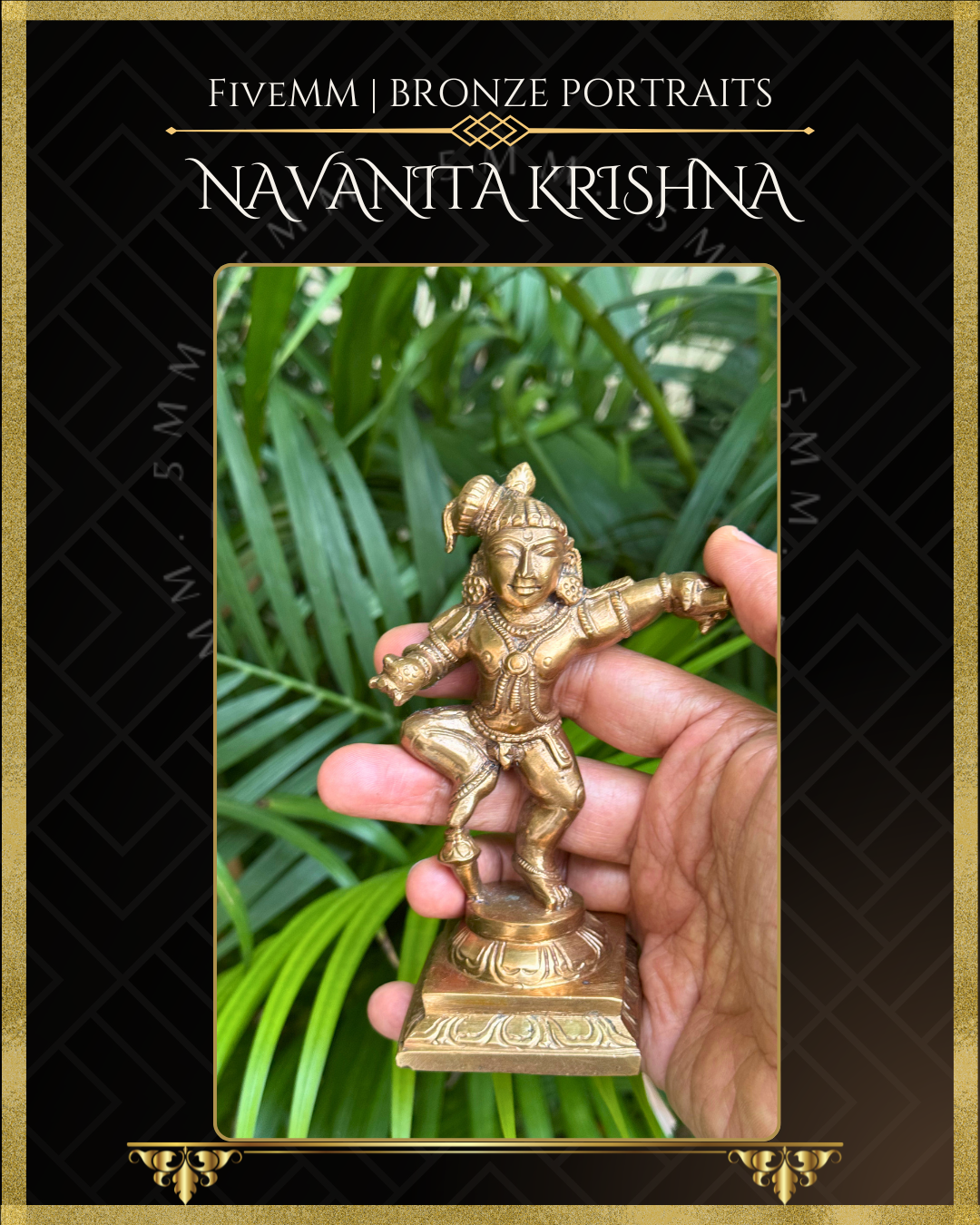Hand-held view of handcrafted Panchaloha Navanita Krishna bronze icon, depicting Bala Krishna dancing with butter in his hands, finely detailed according to traditional Silpasastra principles by Five Metal Masonry.