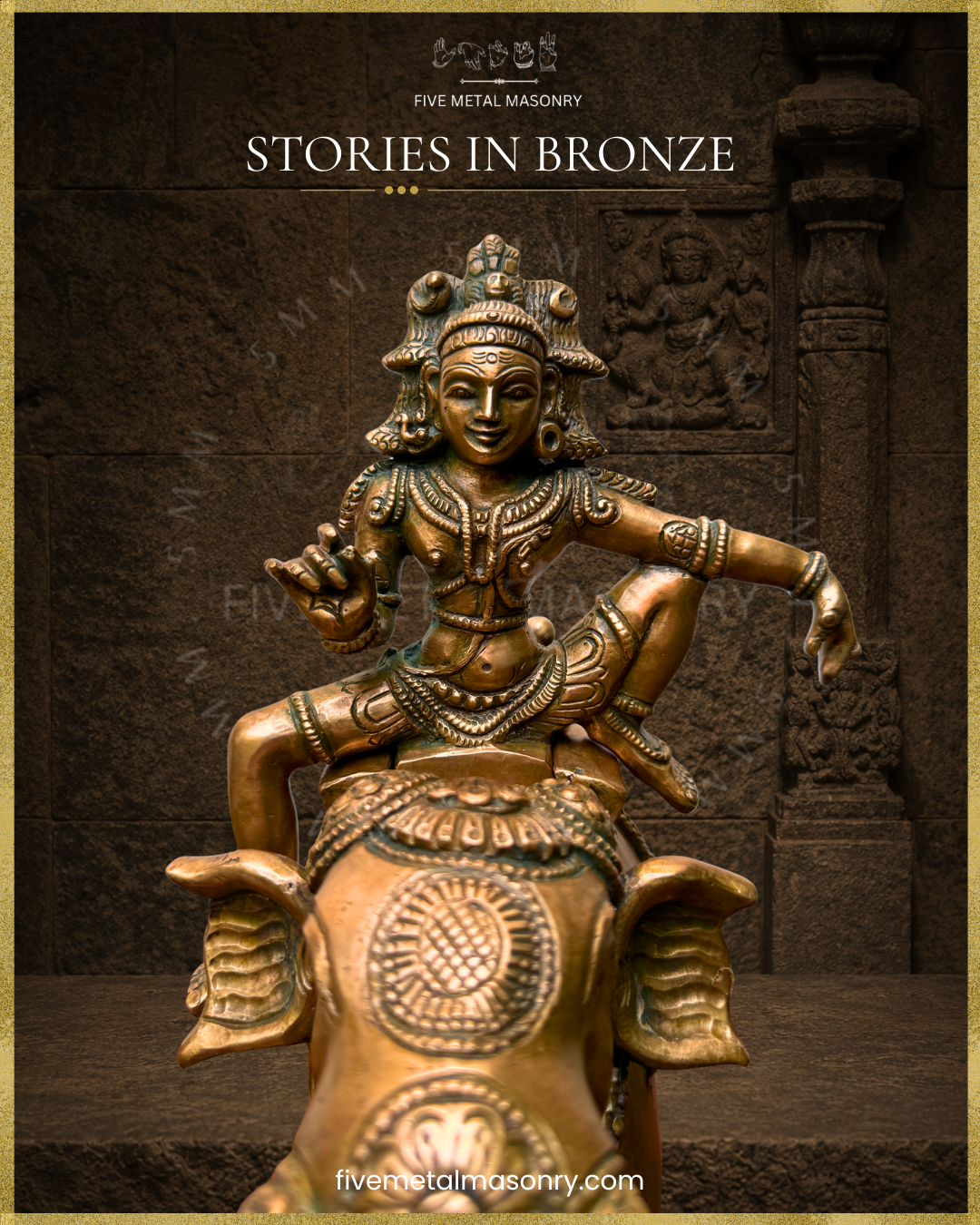 Close-up front view of handcrafted Panchaloha bronze Ayyanar Ula, highlighting Ayyanar seated in utkutikasana with detailed headdress, facial features, layered ornaments and lower garment, from the Stories in Bronze Collection, aligned with silpa-sastra and South Indian iconographic tradition.
