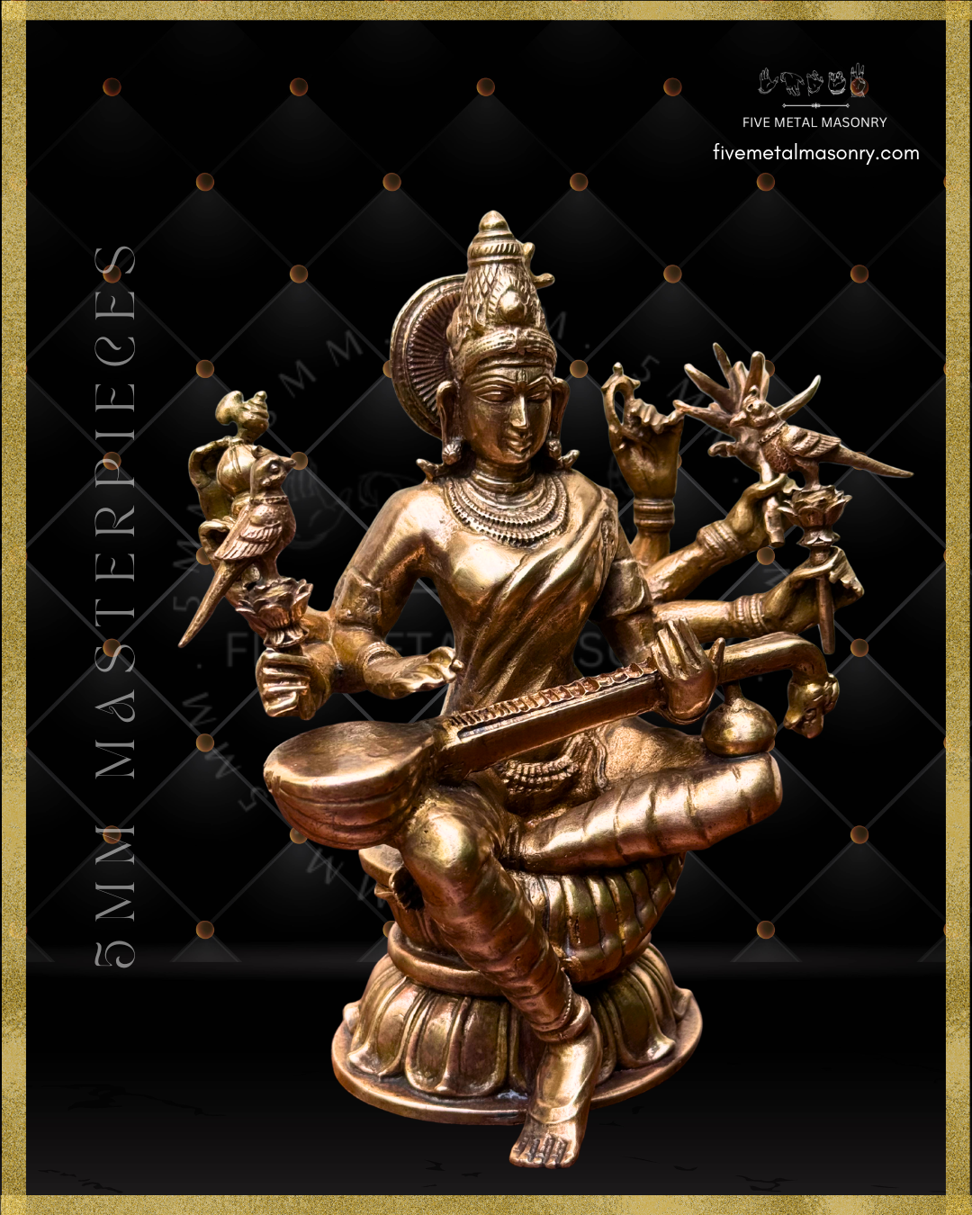 Left profile view of Handcrafted Panchaloha Matangi bronze icon from the Five Metal Masonry Masterpieces Collection, seated with veena and depicted with multiple arms bearing her characteristic attributes, crafted according to traditional Shilpasastra iconography.