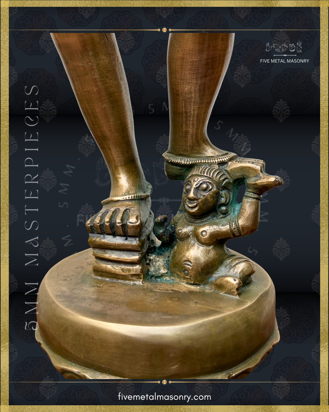 Close-up of Vinadhara Shiva handcrafted Panchaloha bronze sculpture highlighting Apasmara beneath the foot, detailed anklets, naturalistic feet and lotus pedestal, from the Masterpieces collection inspired by South Indian Chola iconographic traditions.