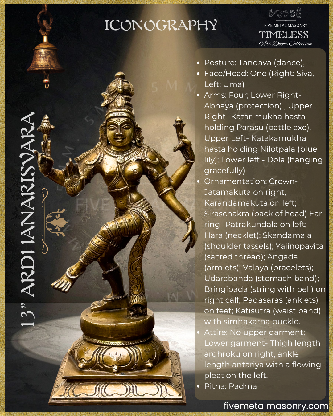 Ardhanarisvara Shiva Bronze Panchaloha statue - Timeless Collection – Shilpa Sastra iconography, handcrafted lost wax casting – Iconoraphic description