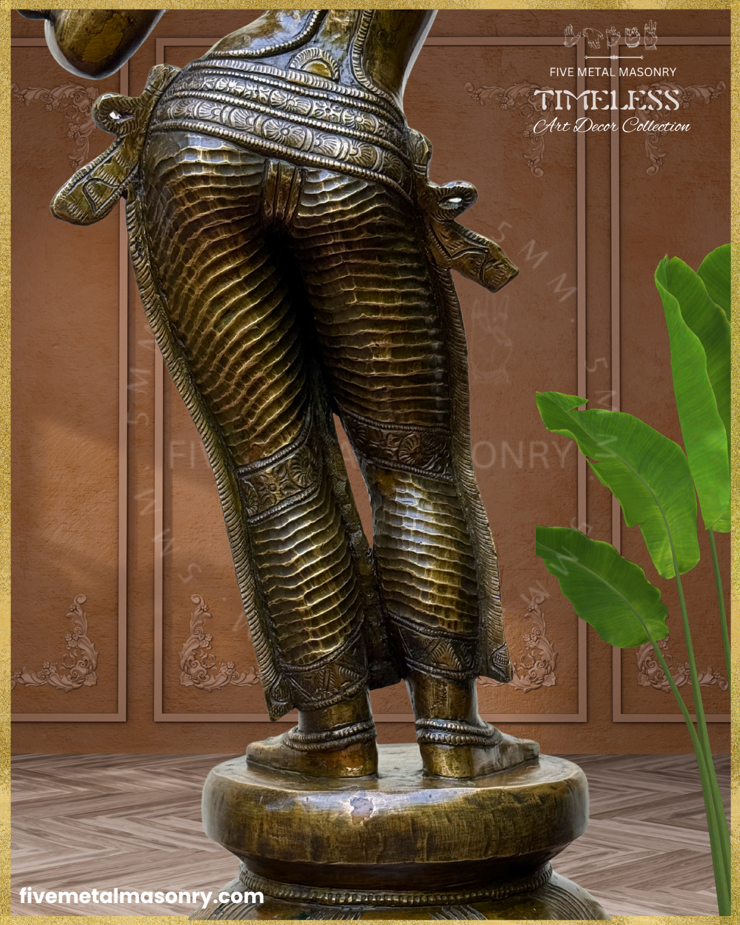 Close-up rear view of a handcrafted Panchaloha bronze Darpana Sundari icon from the Timeless Collection, showcasing the intricately pleated lower garment, ornate waist belt, elegant drapery, finely modelled legs, anklets, and antique patina on a lotus pedestal.