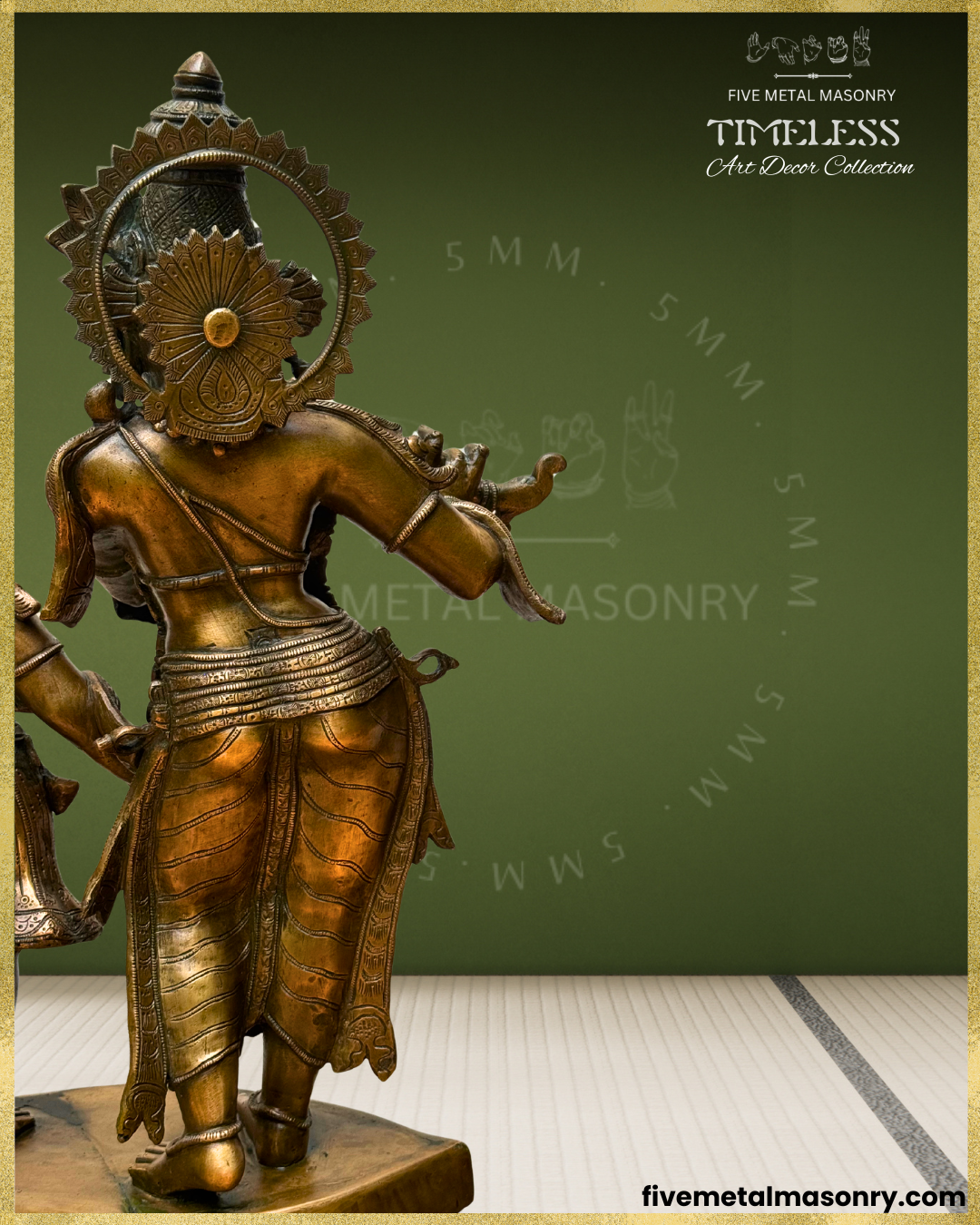 Rear close-up view of handcrafted Panchaloha bronze Krishna as Venugopala from the Timeless Collection, highlighting the elaborate śiras-cakra, detailed headdress, layered waist ornaments, sacred thread and finely worked drapery.
