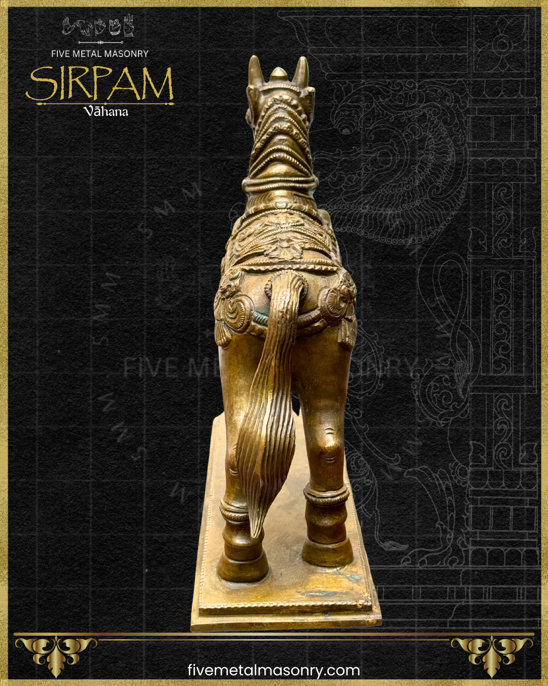 Bronze statue of a horse with intricate details on a black background, featuring the brand 'Five Metal Masonry'.