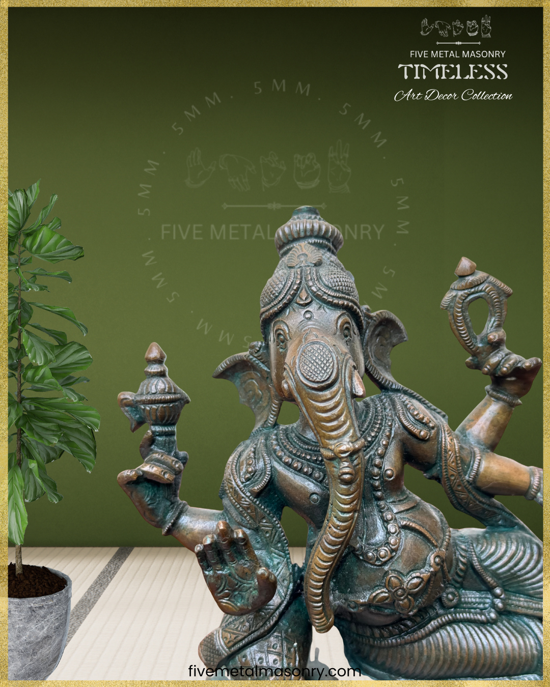 Ganesha reclining Panchaloha Bronze statue – Timeless Collection - Iconography per Shilpa Sastra, Handcrafted lost wax casting – closeup view