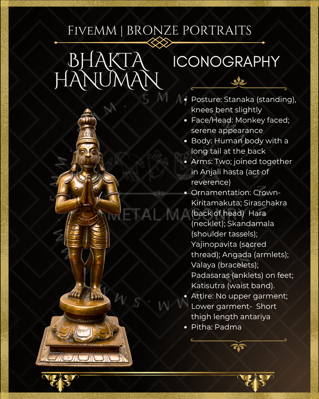 Iconographic description of Handcrafted Bhakta Hanuman Panchaloha bronze statue in anjali hasta with slightly bent knees, detailed in traditional South Indian silpa-sastra iconography.