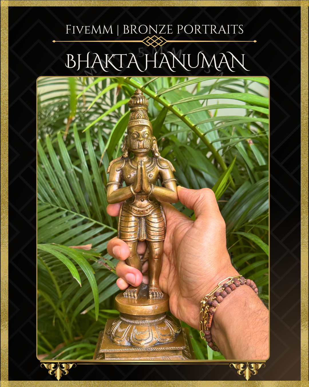 Hand-held view of Handcrafted Bhakta Hanuman Panchaloha bronze statue in anjali hasta with slightly bent knees, detailed in traditional South Indian silpa-sastra iconography.