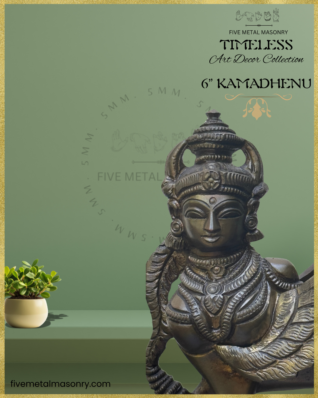 Kamadhenu Panchaloha Bronze statue – Timeless Collection - Iconography per Shilpa Sastra, Handcrafted lost wax casting – Face closeup view