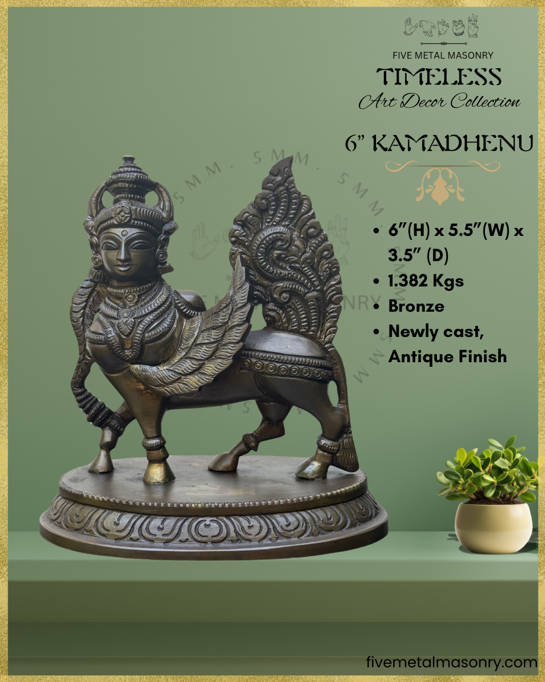 Kamadhenu Panchaloha Bronze statue – Timeless Collection - Iconography per Shilpa Sastra, Handcrafted lost wax casting – Icon dimensions view