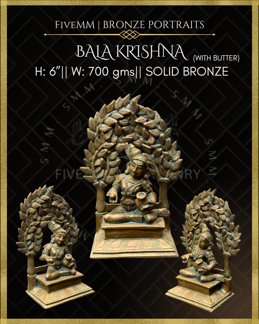 Bronze statue of Bala Krishna with decorative elements on a black background