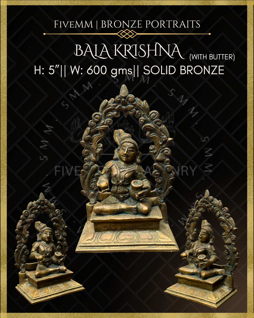 Bronze statue of Bala Krishna with decorative elements on a black background