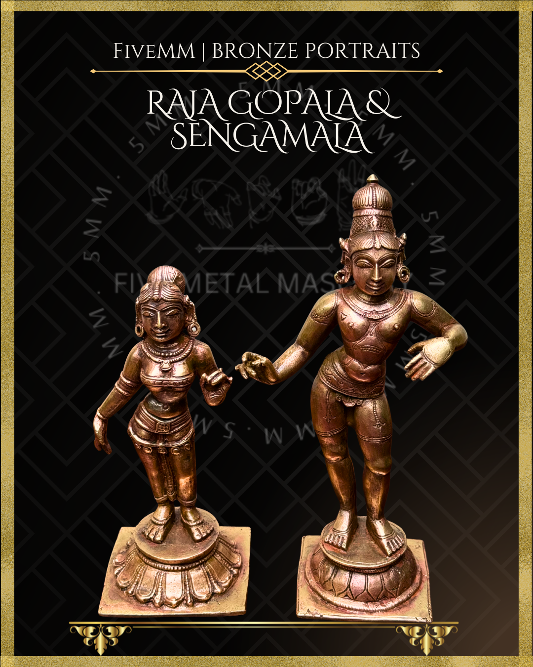 Krishna as Rajagopala, Lakshmi as Sengamala Panchaloha Bronze statue – per Shilpa Sastra iconography, handcrafted by lost wax casting – Top angle view