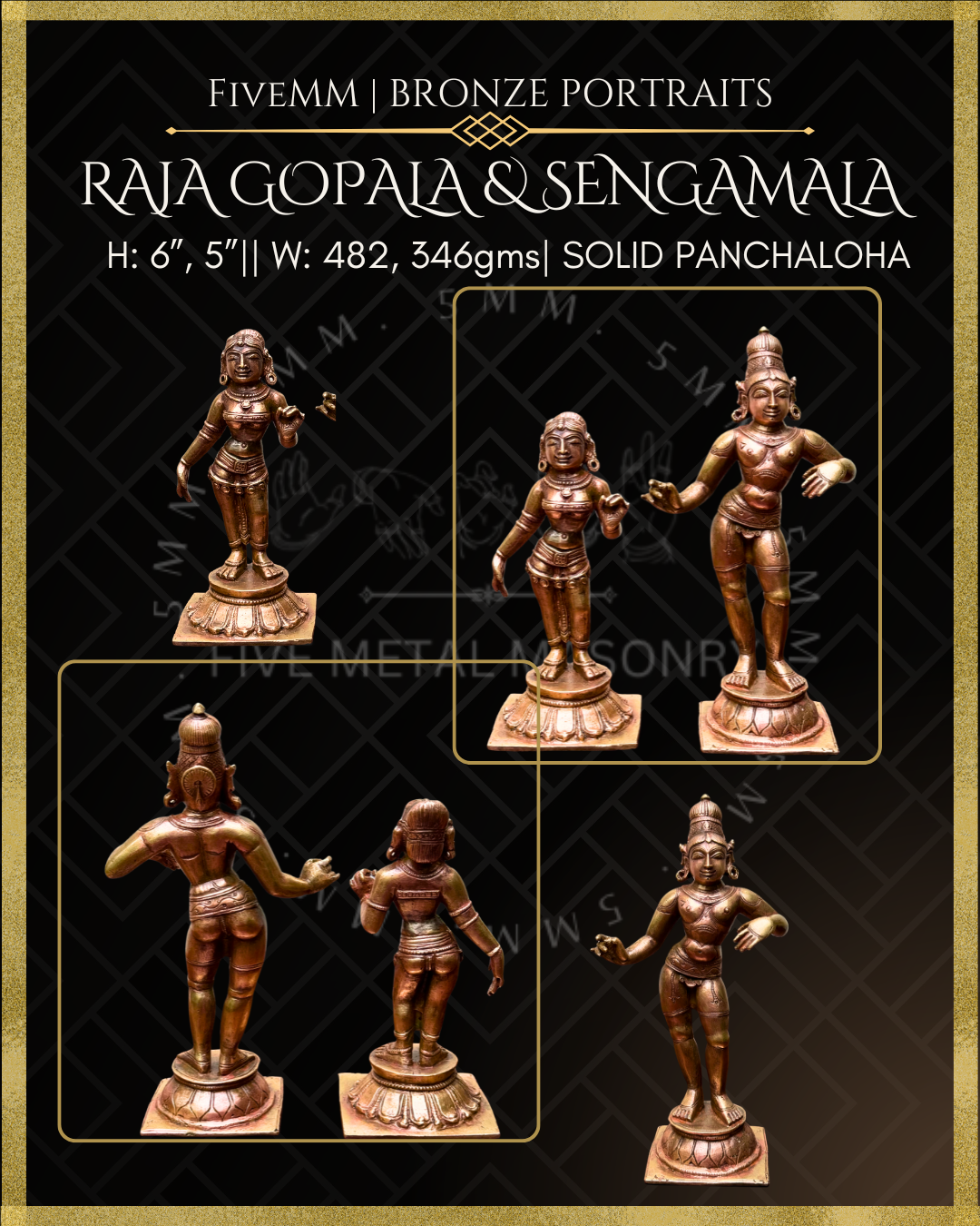 Krishna as Rajagopala, Lakshmi as Sengamala Panchaloha Bronze statue – per Shilpa Sastra iconography, handcrafted by lost wax casting – All angles view