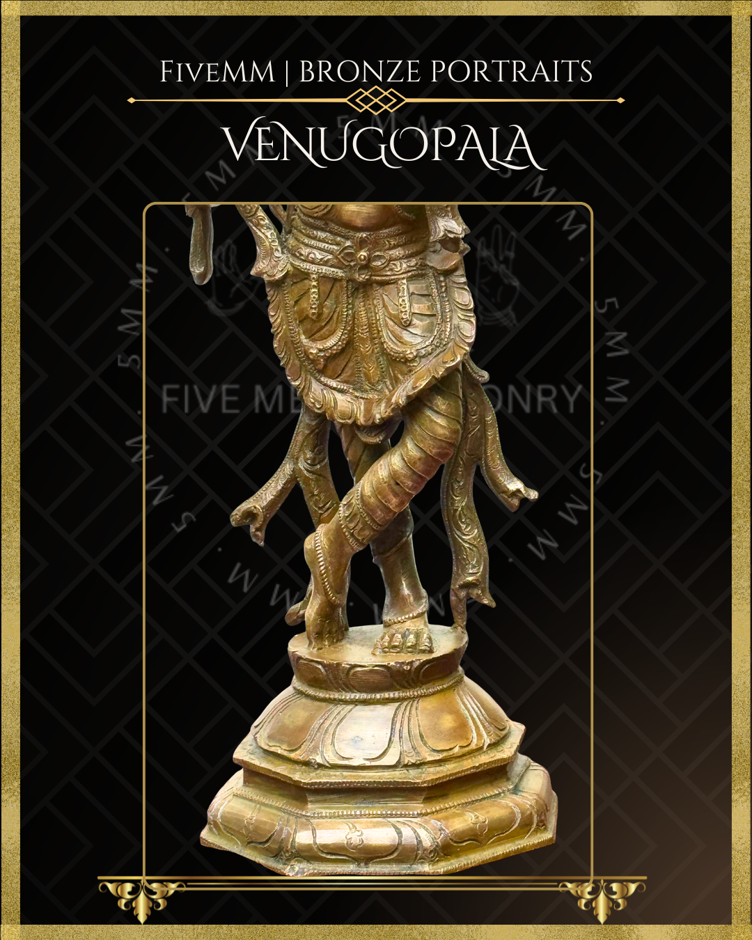 Krishna as Venugopala Panchaloha Bronze statue – per Shilpa Sastra iconography, handcrafted by lost wax casting – Bottom part closeup view